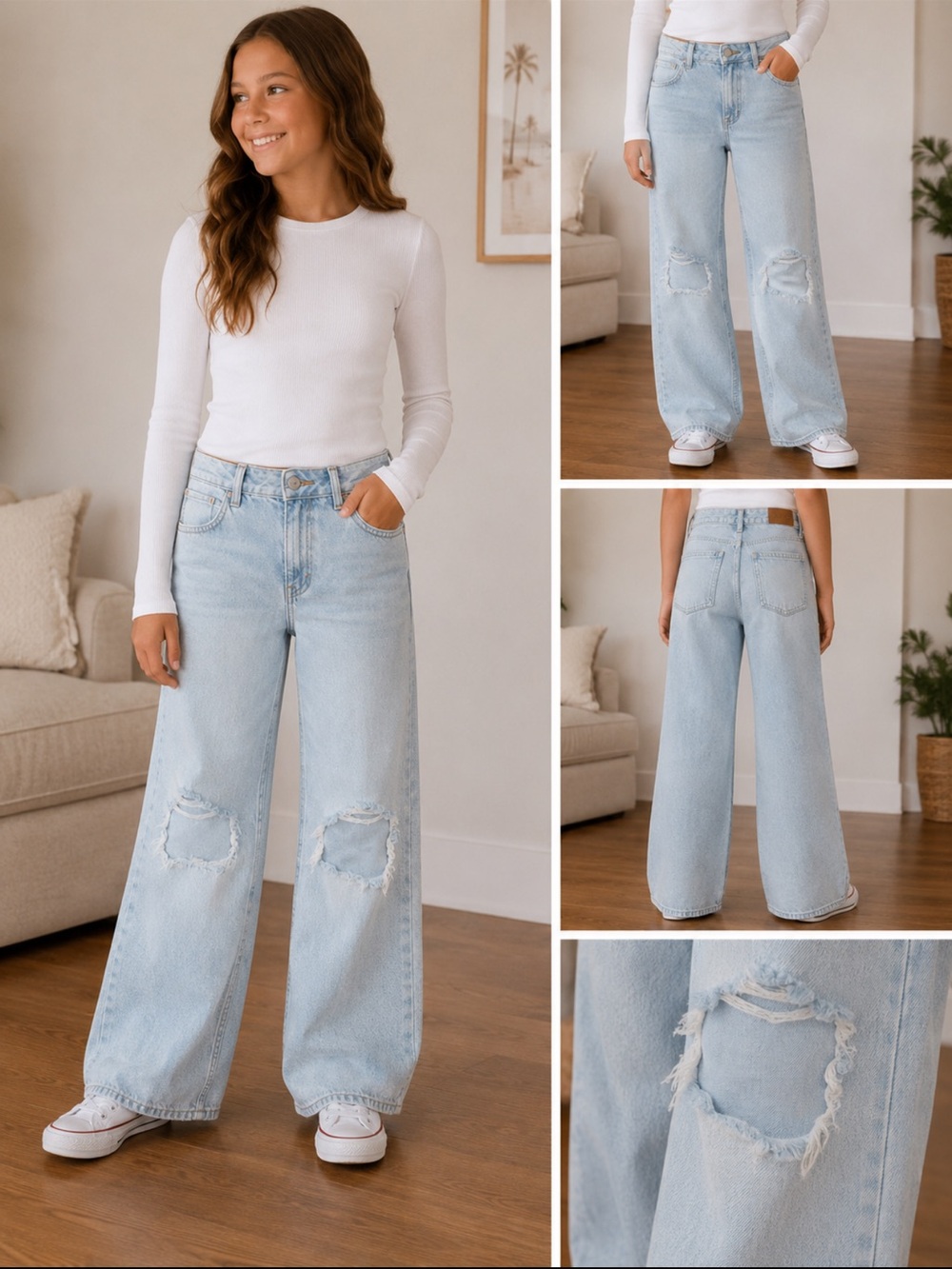 Abercrombie Kids Light Wash Distressed Wide Leg Jeans Size 17/18 Short
